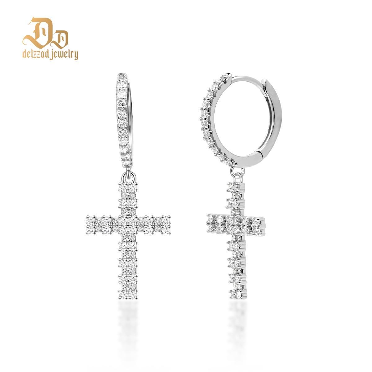 S925 Synthetic Moissanite Bling Cross Clip Hoop Earrings Anniversary M