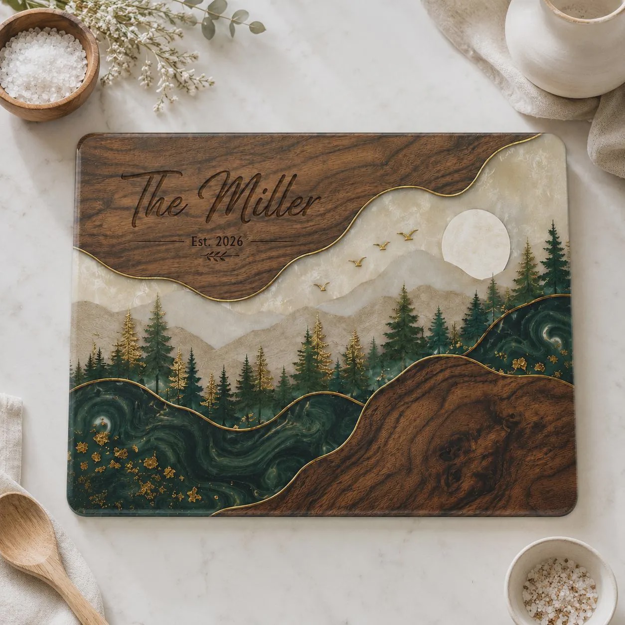 Personalized Family Glass Cutting Board Mountain Forest Cutting Board Custom Last Name Kitchen Decor Wedding or Housewarming Gift