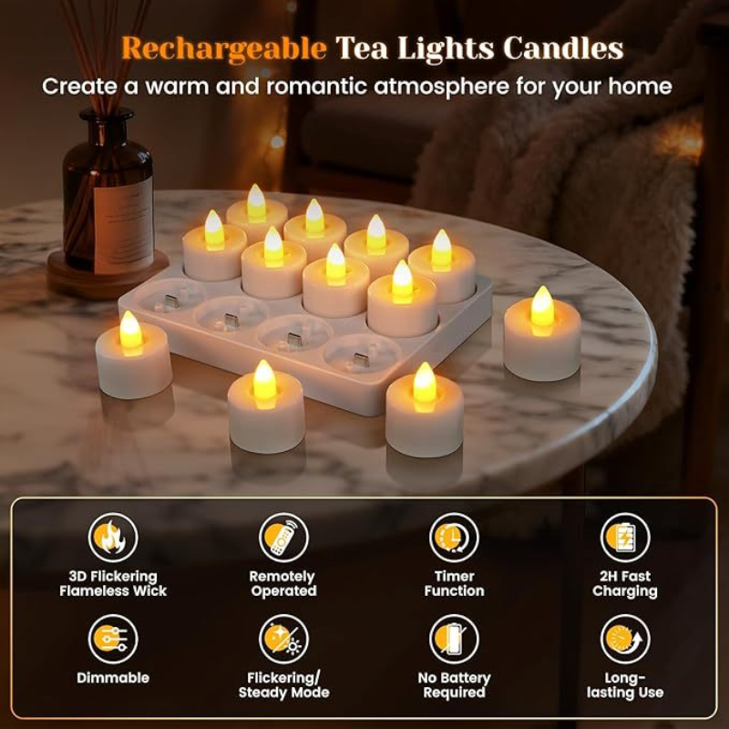 🕯12 Pack Rechargeable Flickering LED Tealight Candles with Charging Base, Remote & Timer | Safe Flameless Lights for Halloween Party Home Decor🕯️	