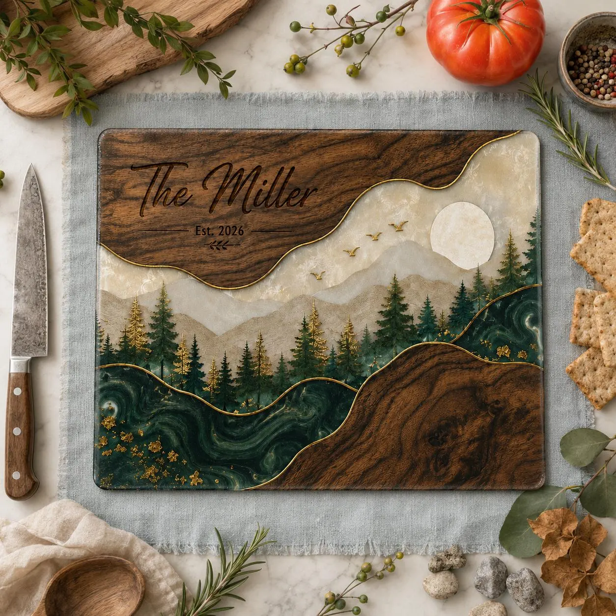 Personalized Family Glass Cutting Board Mountain Forest Cutting Board Custom Last Name Kitchen Decor Wedding or Housewarming Gift