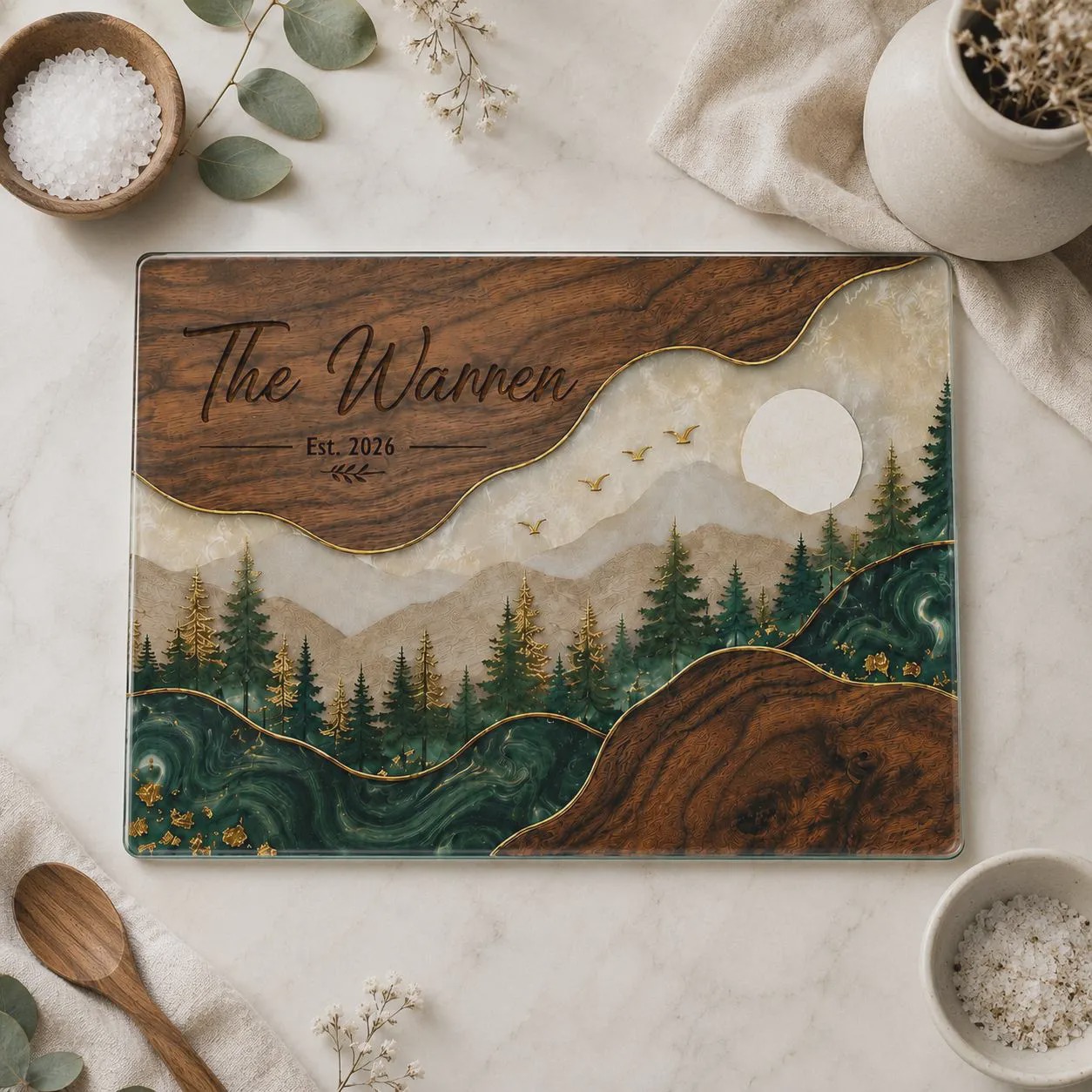 Personalized Family Glass Cutting Board Mountain Forest Cutting Board Custom Last Name Kitchen Decor Wedding or Housewarming Gift