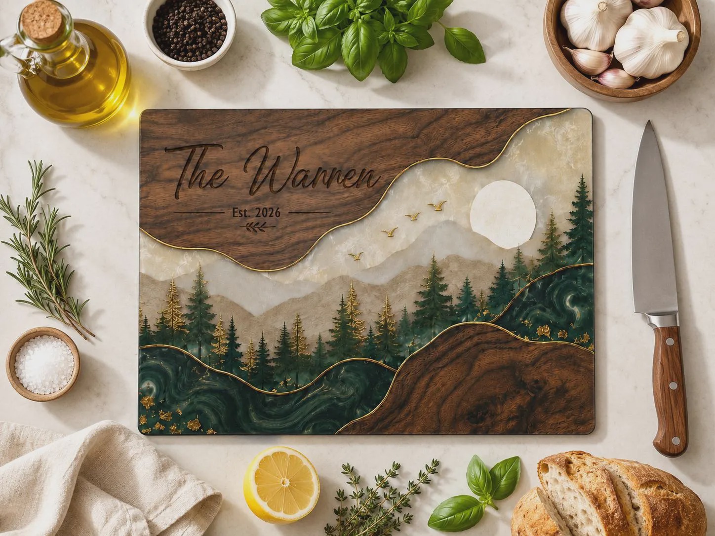 Personalized Family Glass Cutting Board Mountain Forest Cutting Board Custom Last Name Kitchen Decor Wedding or Housewarming Gift