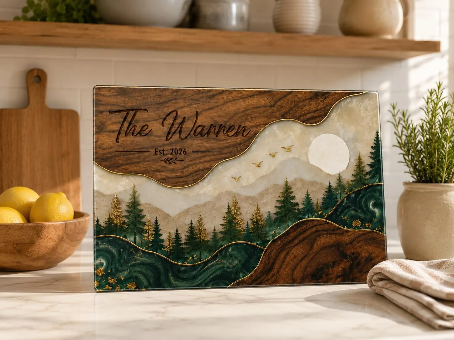 Personalized Family Glass Cutting Board Mountain Forest Cutting Board Custom Last Name Kitchen Decor Wedding or Housewarming Gift