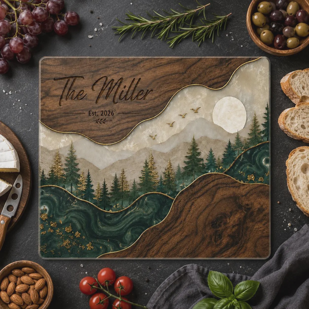 Personalized Family Glass Cutting Board Mountain Forest Cutting Board Custom Last Name Kitchen Decor Wedding or Housewarming Gift