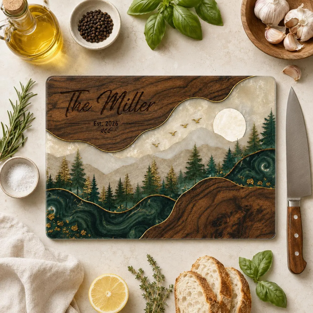 Personalized Family Glass Cutting Board Mountain Forest Cutting Board Custom Last Name Kitchen Decor Wedding or Housewarming Gift