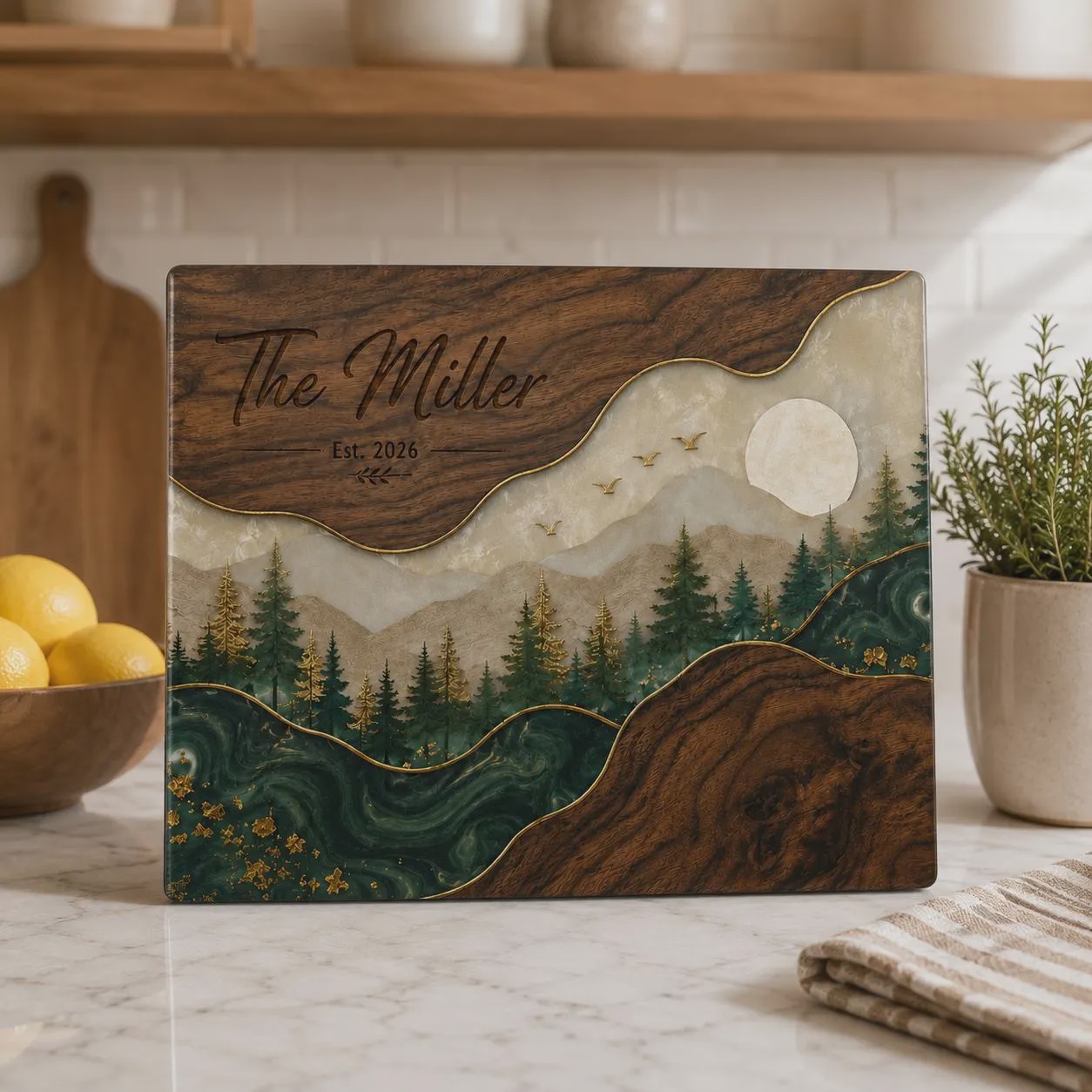 Personalized Family Glass Cutting Board Mountain Forest Cutting Board Custom Last Name Kitchen Decor Wedding or Housewarming Gift