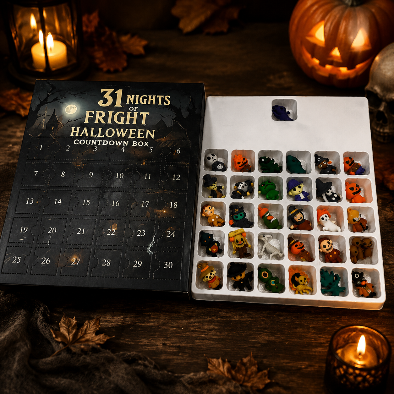 31 Nights of Fright Halloween Countdown Box, Horror Figurines Advent Calendar, Spooky Mini Collectible Decor for Halloween