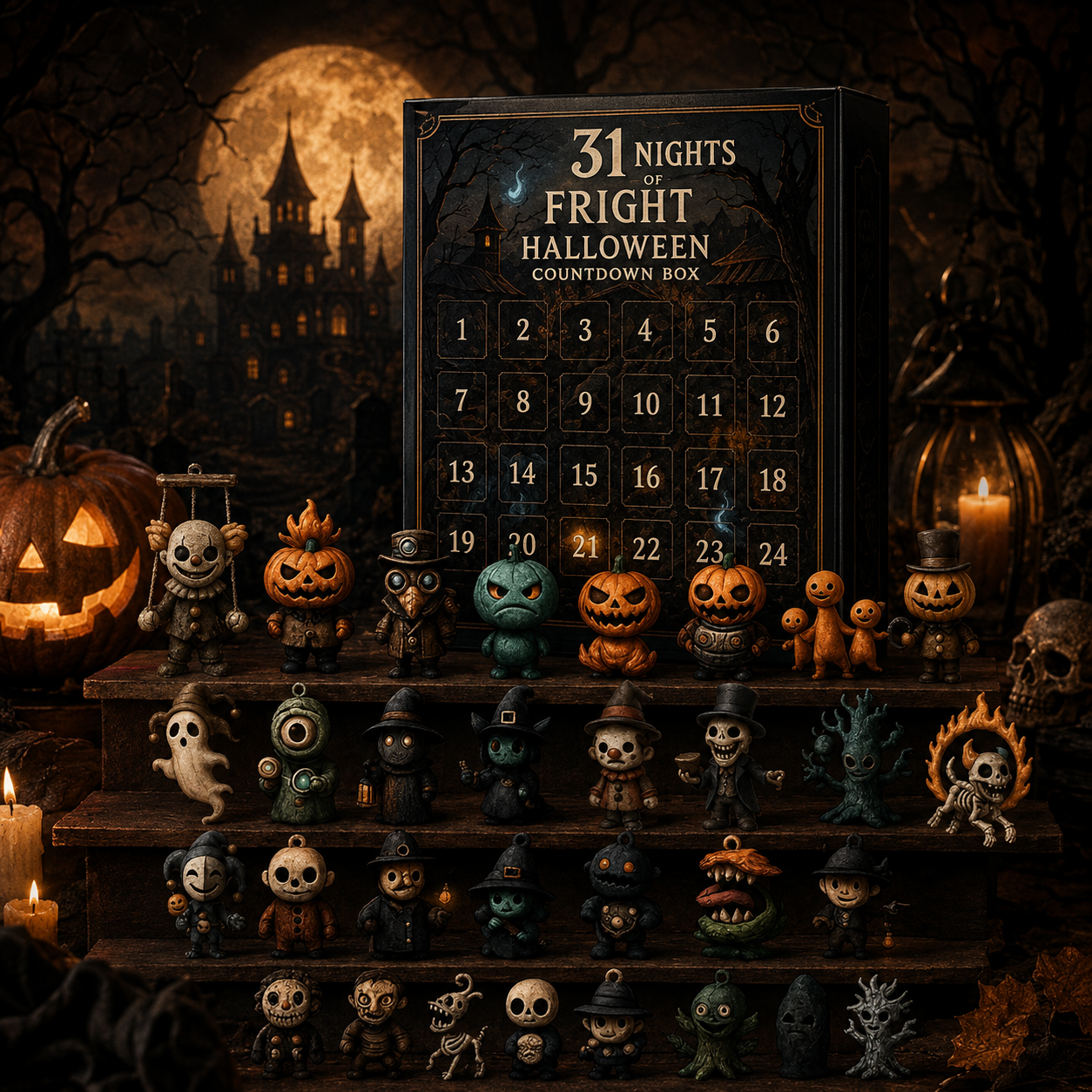 31 Nights of Fright Halloween Countdown Box, Horror Figurines Advent Calendar, Spooky Mini Collectible Decor for Halloween