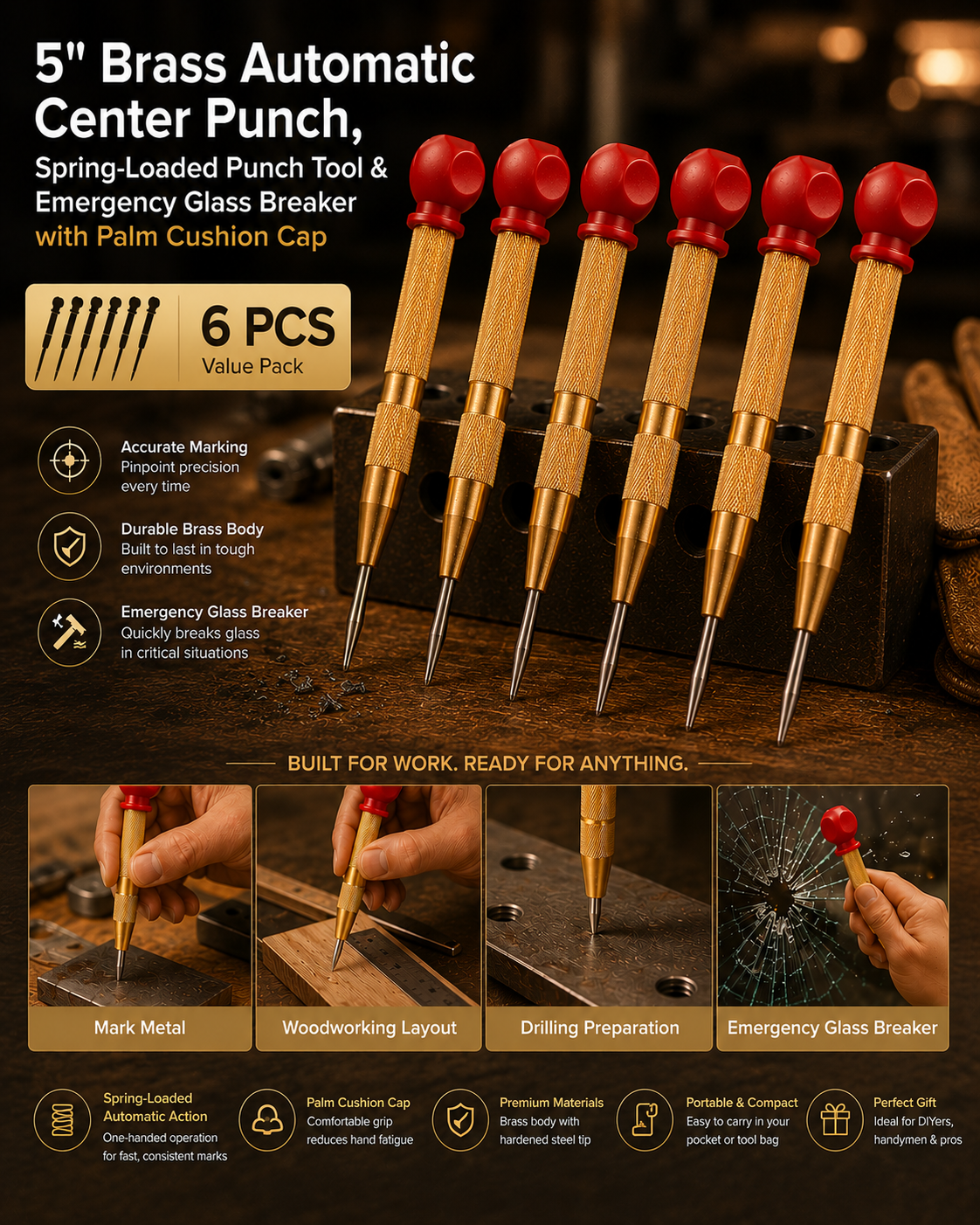 5" Brass Automatic Center Punch, Spring‑Loaded Punch Tool & Emergency Glass Breaker with Palm Cushion Cap