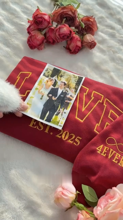 Personalized Embroidered Photo Couple LOVE Est Year Sweatshirt Hoodie Valentines Matching Couple Gift