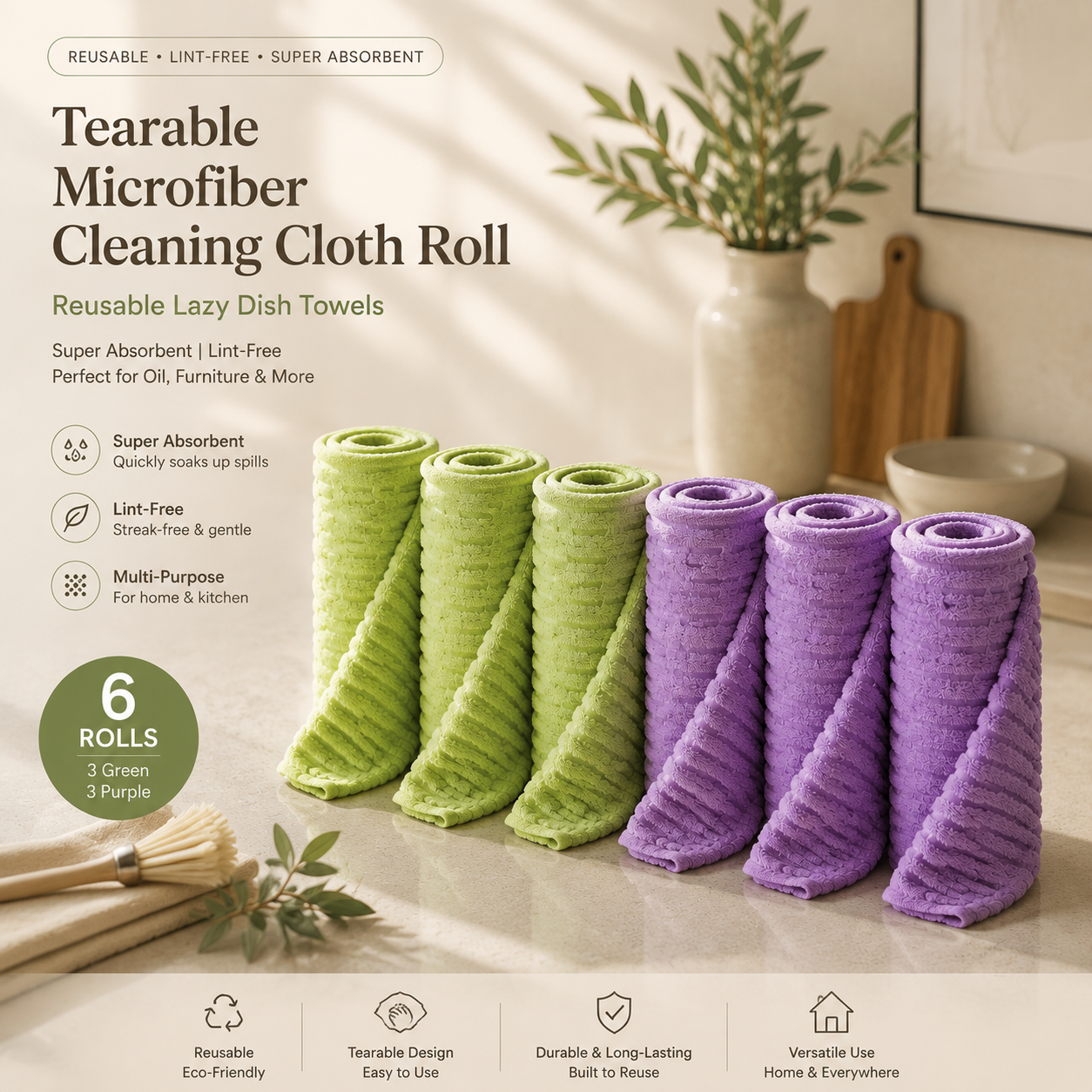 Tearable Microfiber Cleaning Cloth Roll, Reusable Lazy Dish Towels, Super Absorbent Lint‑Free Kitchen Rags for Oil & Furniture
