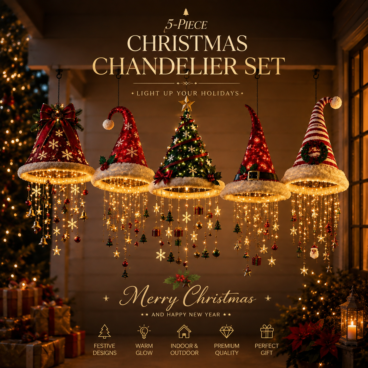 🎅 Lighted Santa Hat Hanging Chandelier 🎄 | 5 Styles Warm White LED String Lights | Indoor Outdoor Porch Yard Holiday Hanging Decor Christmas Gift