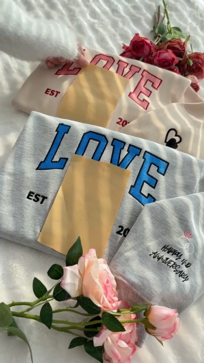 Personalized Embroidered Photo Couple LOVE Est Year Sweatshirt Hoodie Valentines Matching Couple Gift