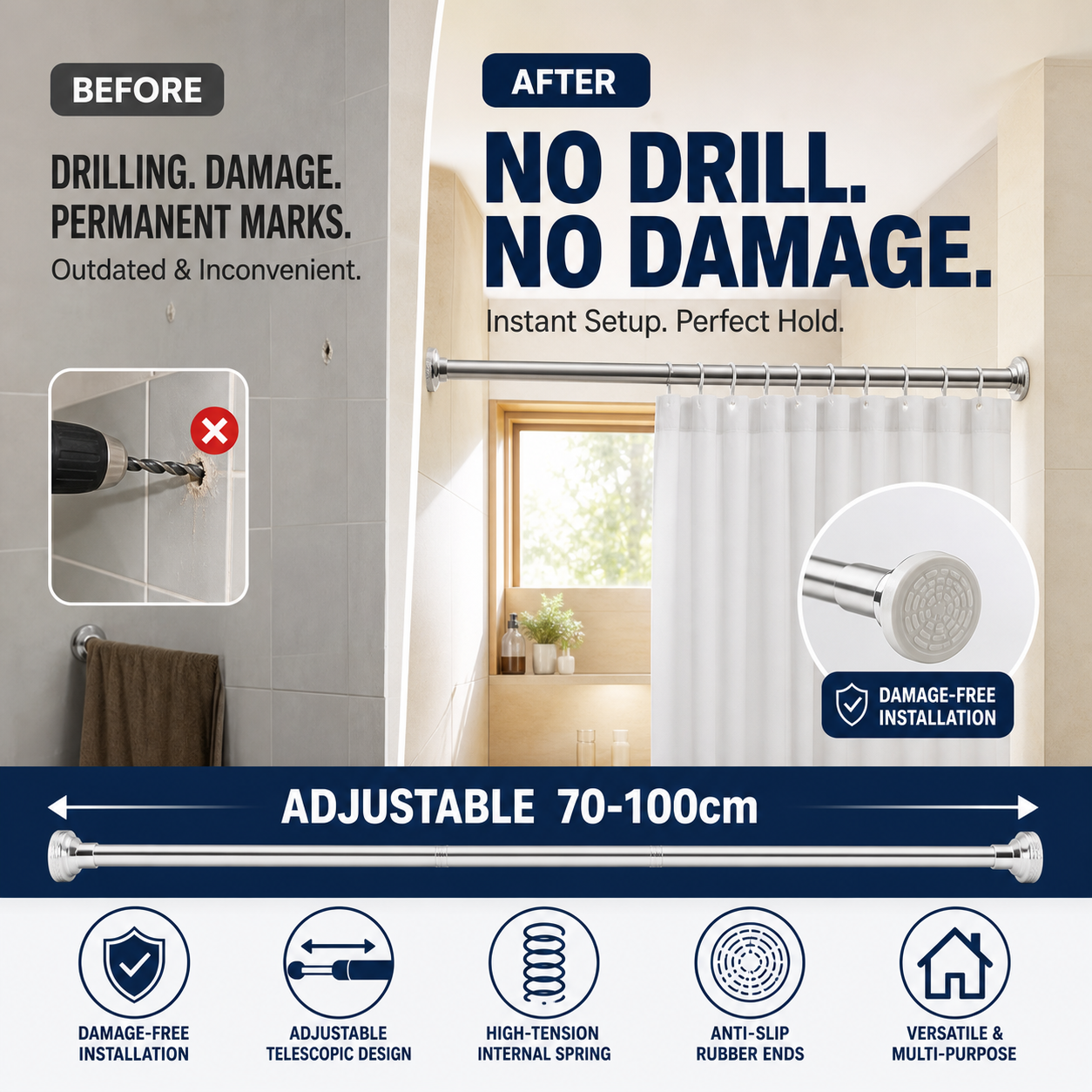 Adjustable no-drill tension rod