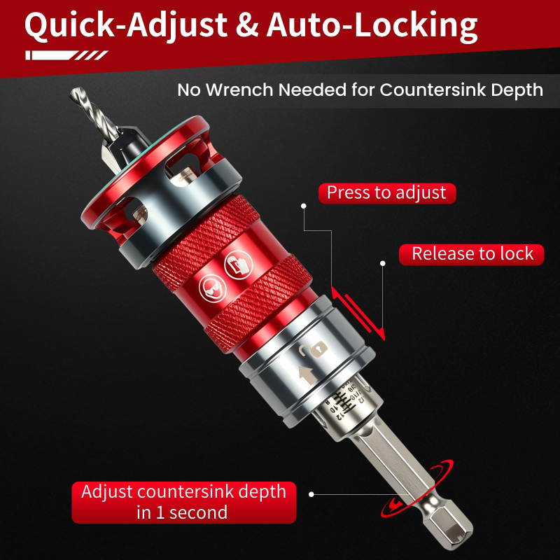 Quick Adjust Auto Lock Depth Stop Countersink Drill Bit Set for Woodworking	