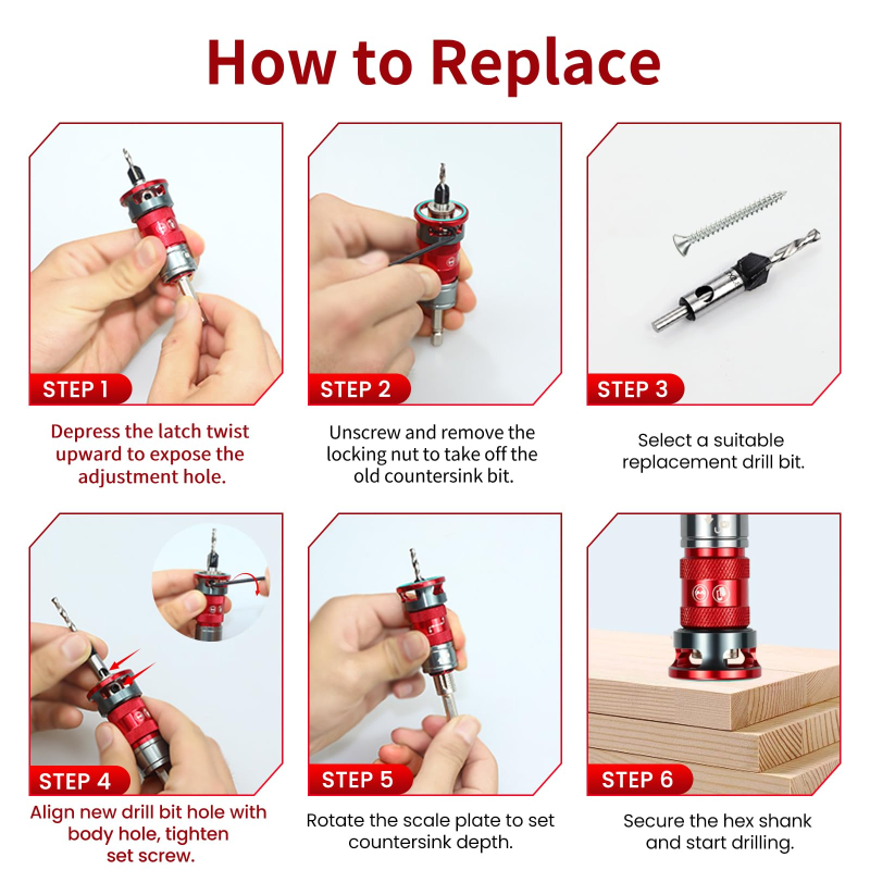 Quick Adjust Auto Lock Depth Stop Countersink Drill Bit Set for Woodworking	