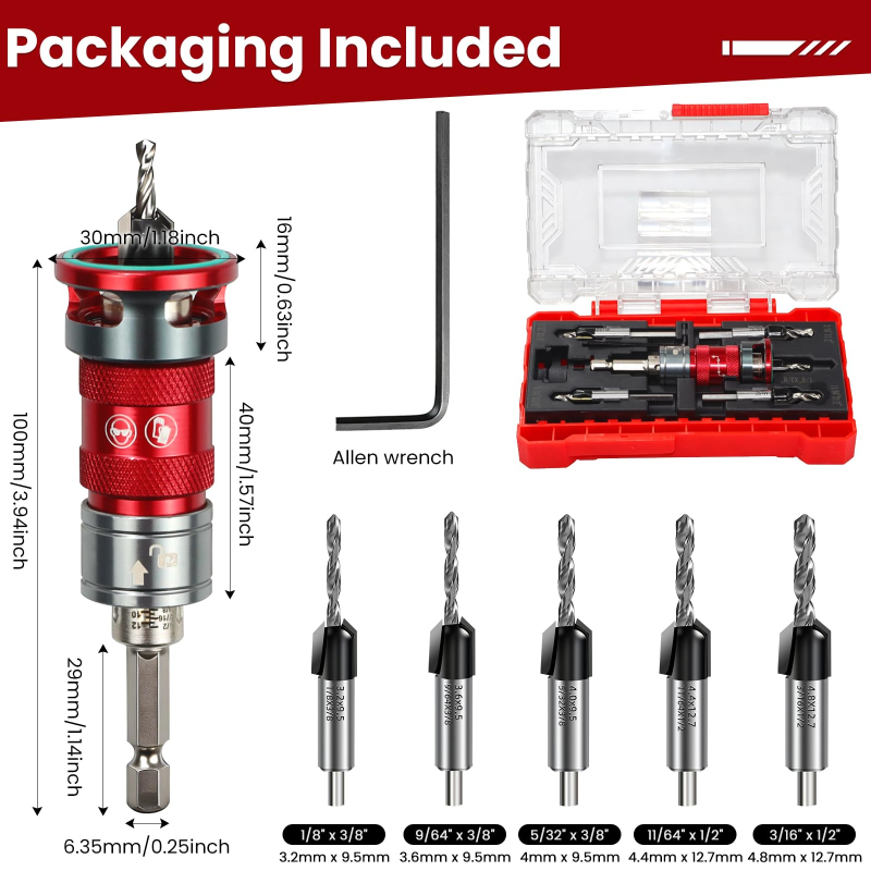 Quick Adjust Auto Lock Depth Stop Countersink Drill Bit Set for Woodworking	