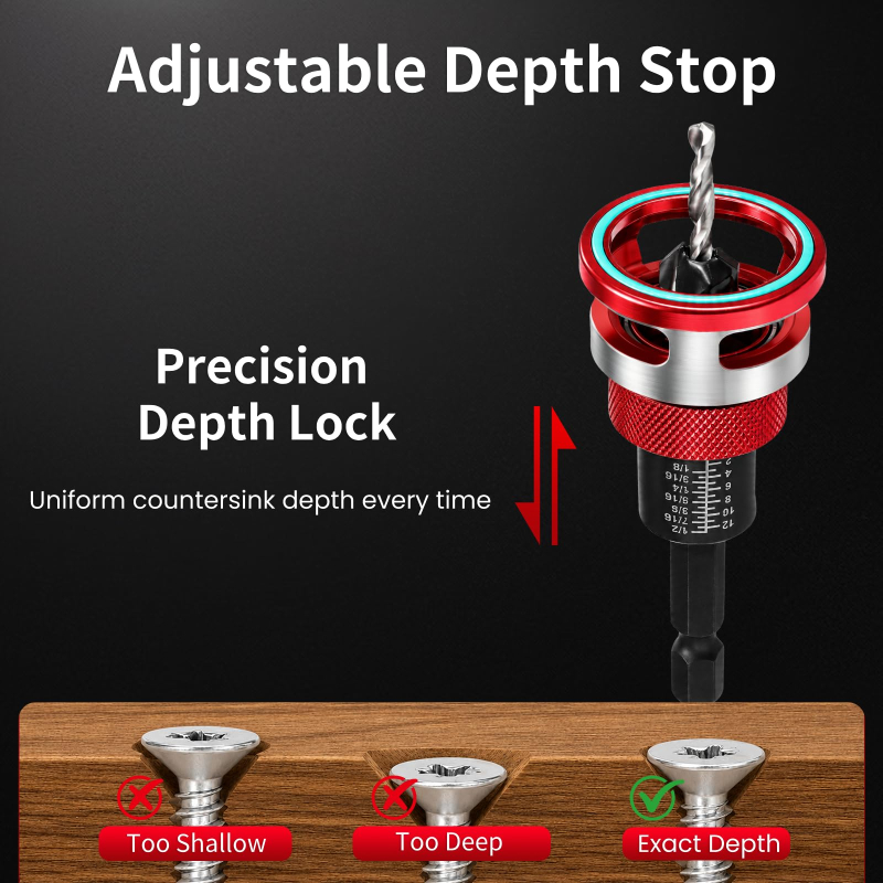 Quick Adjust Auto Lock Depth Stop Countersink Drill Bit Set for Woodworking	