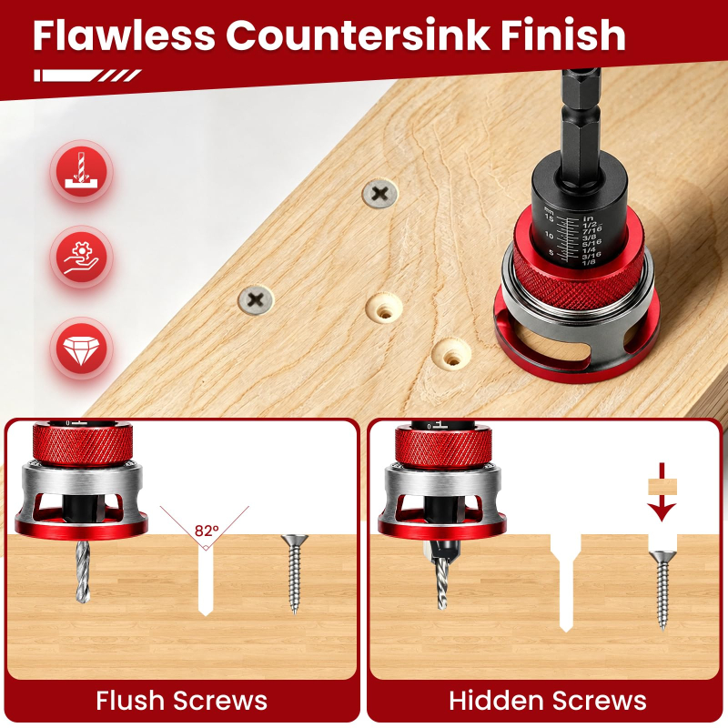 Quick Adjust Auto Lock Depth Stop Countersink Drill Bit Set for Woodworking	