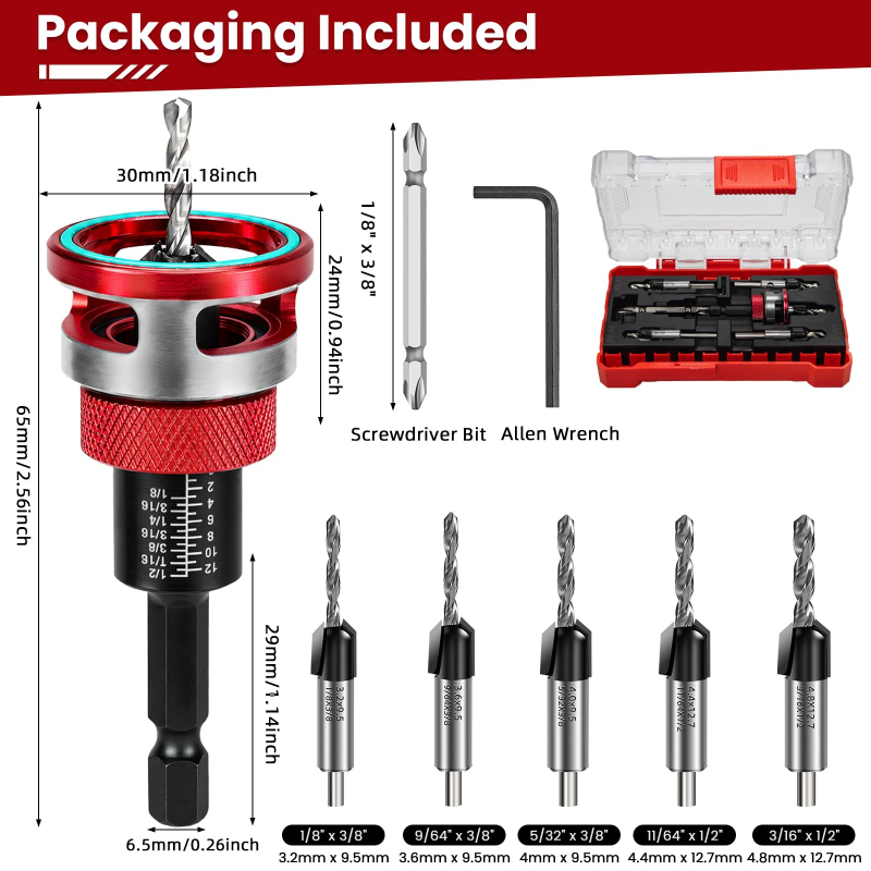 Quick Adjust Auto Lock Depth Stop Countersink Drill Bit Set for Woodworking	