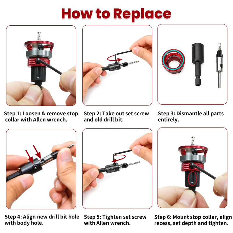 Quick Adjust Auto Lock Depth Stop Countersink Drill Bit Set for Woodworking	