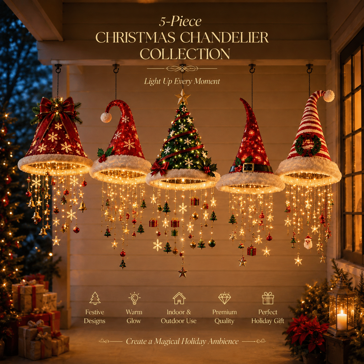 🎅 Lighted Santa Hat Hanging Chandelier 🎄 | 5 Styles Warm White LED String Lights | Indoor Outdoor Porch Yard Holiday Hanging Decor Christmas Gift