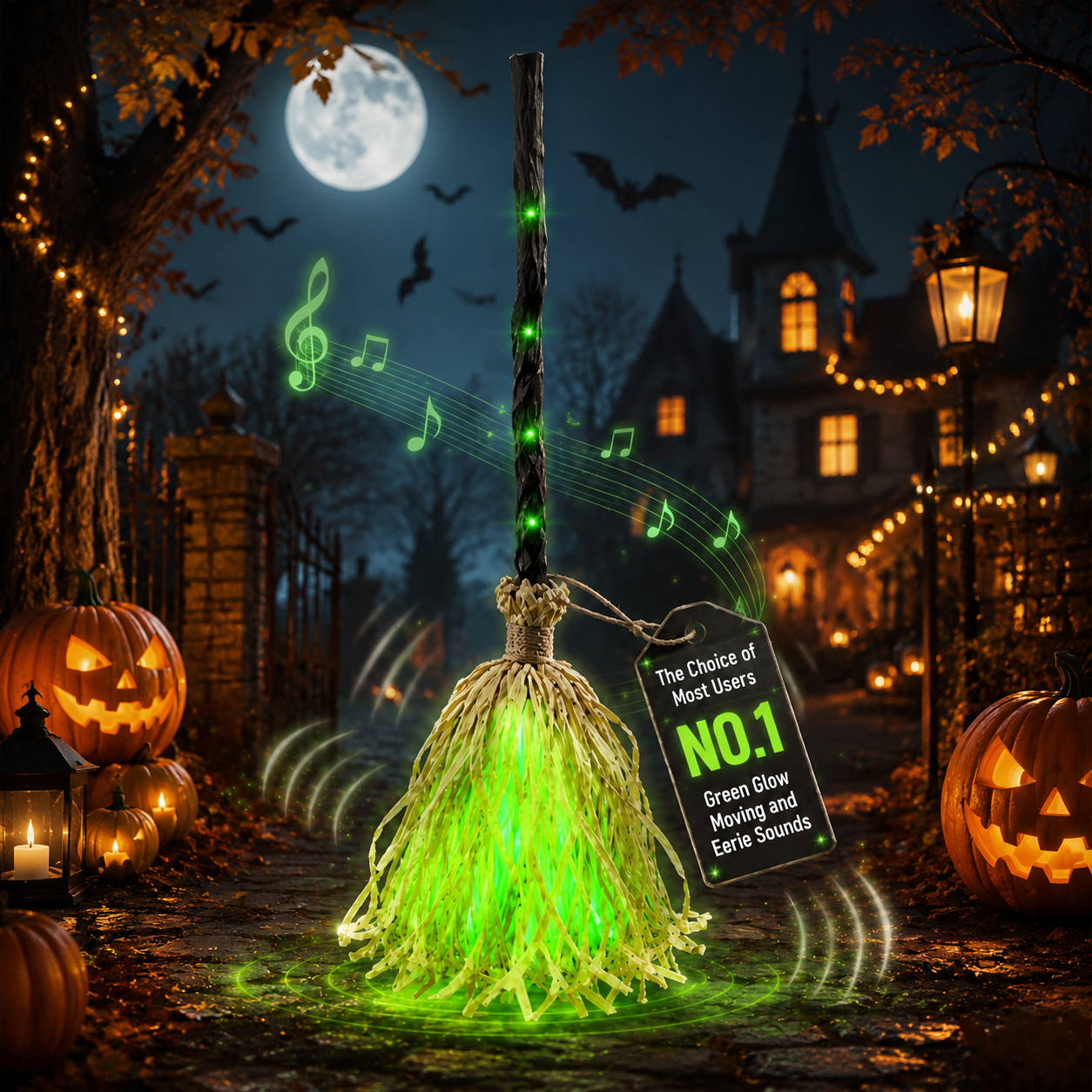Animated Moving Witch Broom Halloween Decor, Green Glow & Eerie Sounds, Sound‑Activated Halloween Party Prop for Indoor Home Decor	