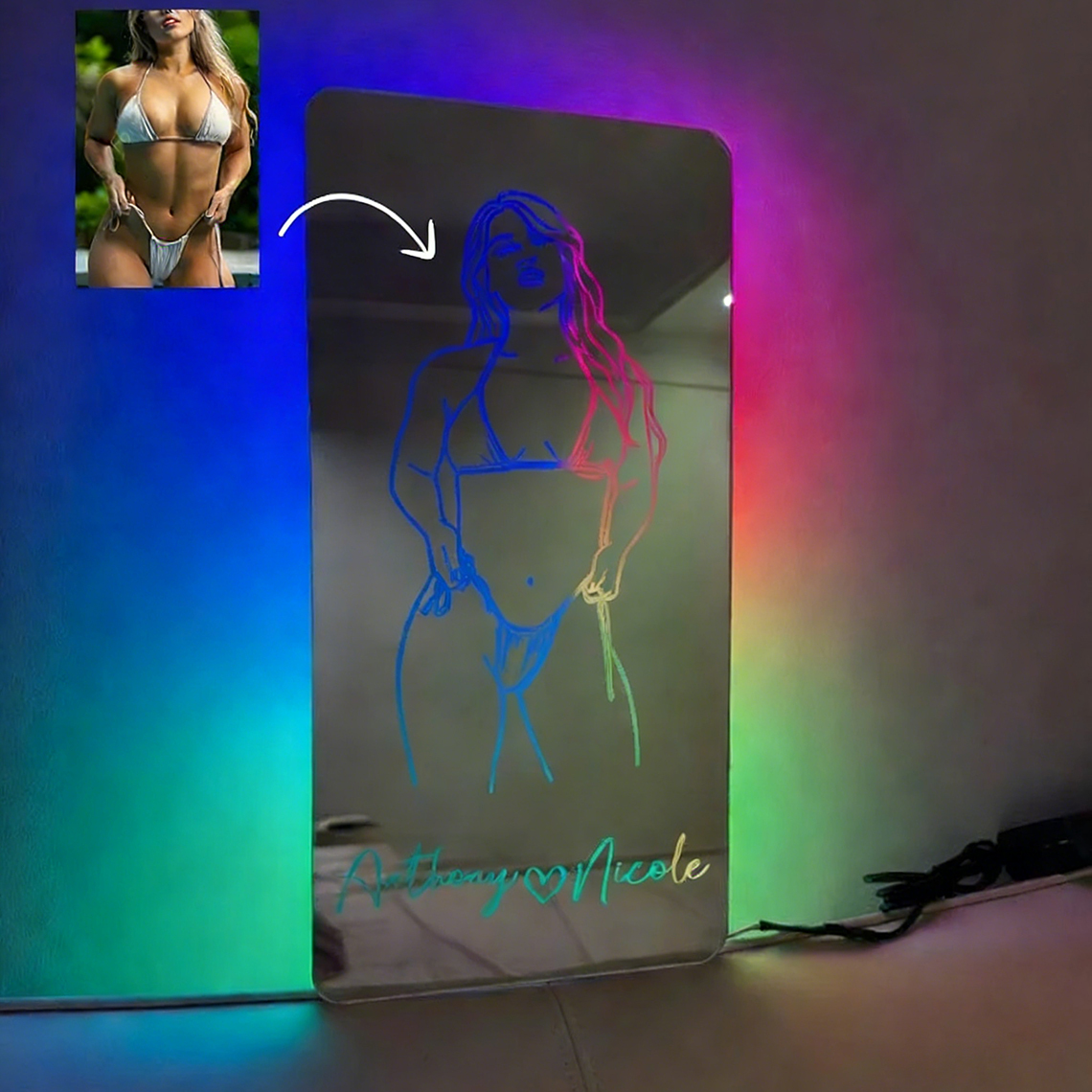 Custom Spicy Photo Name Seductive Mirror LED Light Valentine's Gift for him