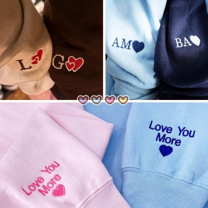 Embroidered Heart and Puzzle Piece Couple Sweatshirt Custom Initial With Heart On Sleeve Couple Hoodie Valentines Day Gift Anniversary Gift