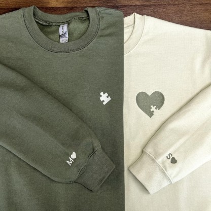 Embroidered Heart and Puzzle Piece Couple Sweatshirt Custom Initial With Heart On Sleeve Couple Hoodie Valentines Day Gift Anniversary Gift