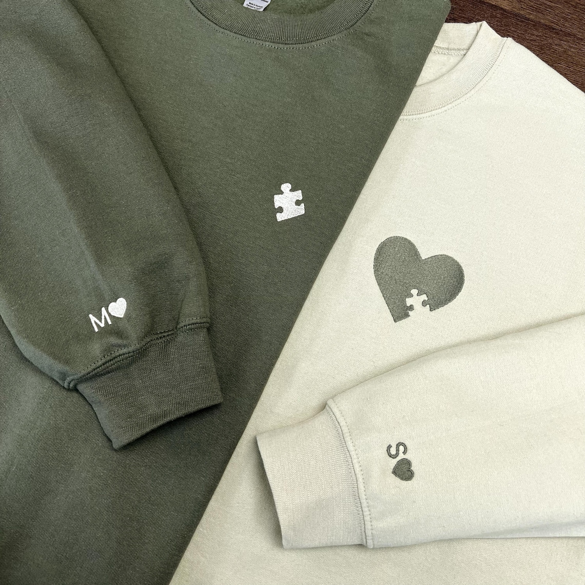 Embroidered Heart and Puzzle Piece Couple Sweatshirt Custom Initial With Heart On Sleeve Couple Hoodie Valentines Day Gift Anniversary Gift