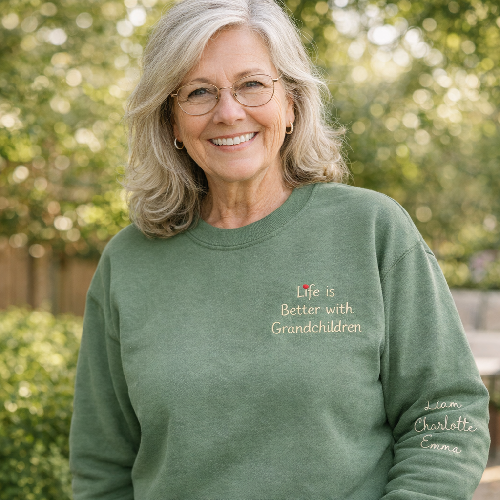 Custom Embroidered Sweatshirt with Name on Sleeve-Gift For Mom & Grandma Mother's Day Gift