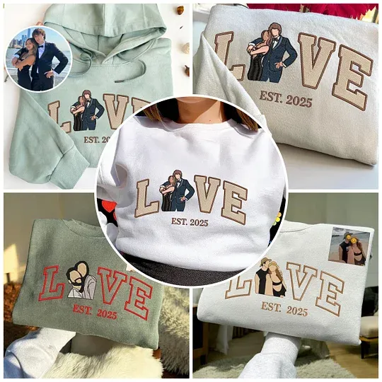 Personalized Embroidered Photo Couple LOVE Est Year Sweatshirt Hoodie Valentines Matching Couple Gift