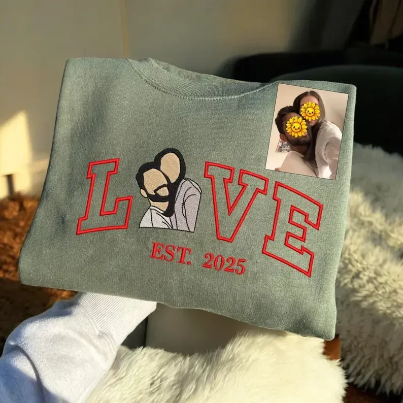 Personalized Embroidered Photo Couple LOVE Est Year Valentines Matching Couple Gift