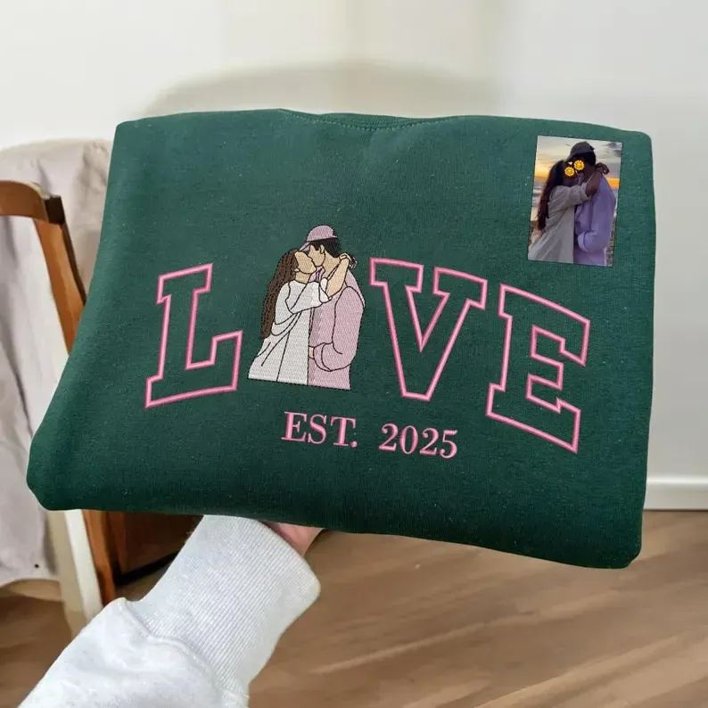 Personalized Embroidered Photo Couple LOVE Est Year Valentines Matching Couple Gift