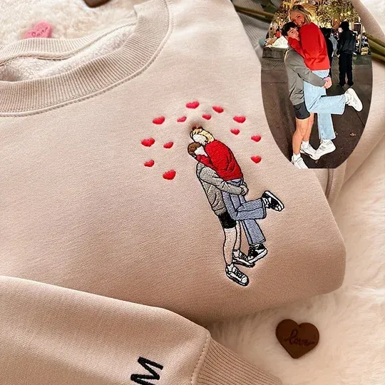 Custom Embroidered Couple Portrait Sweatshirt from Photo Valentine’s Day Gift
