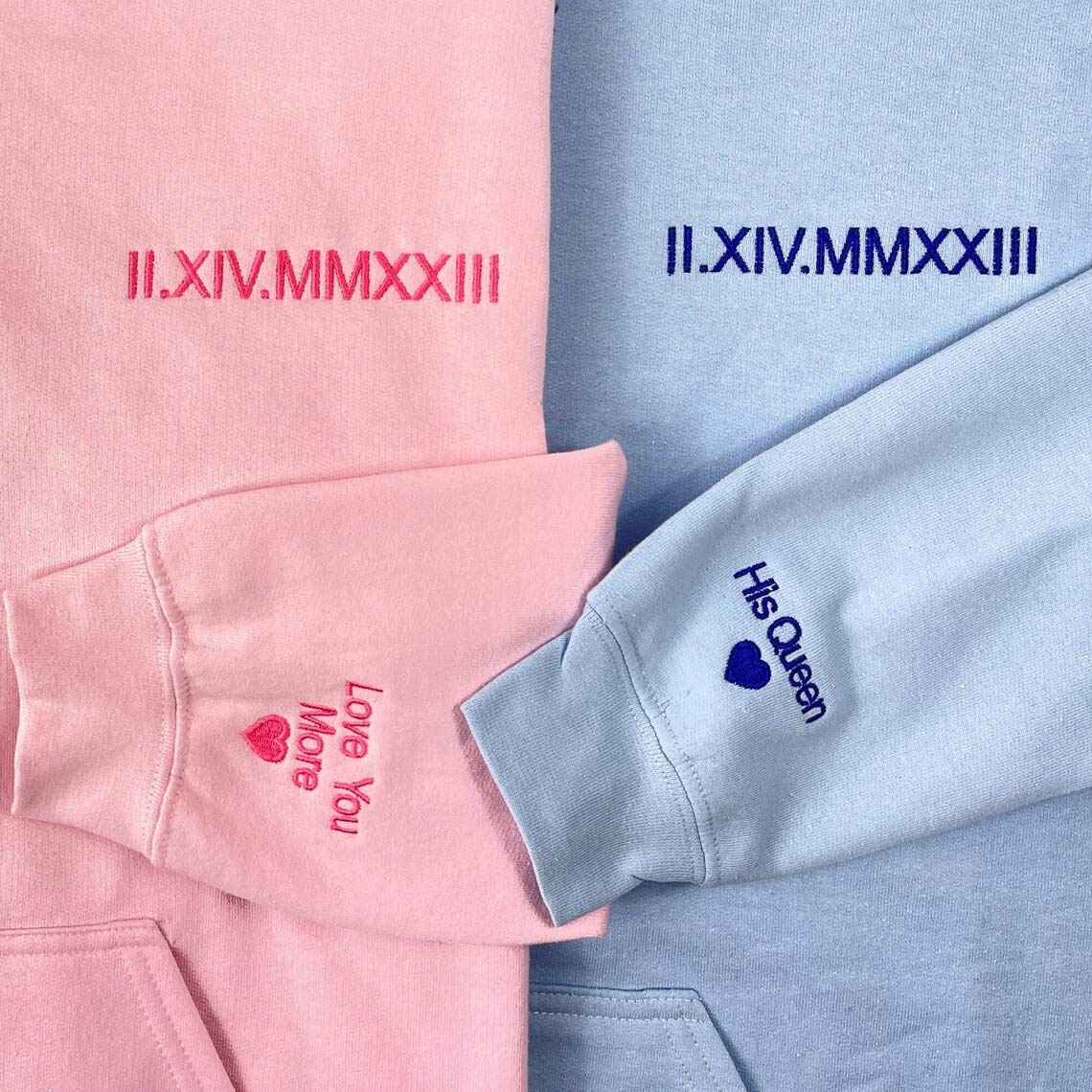 Personalized Embroidered Roman Numeral Matching Hoodie Sweatshirt Valentines Day Couple Gifts