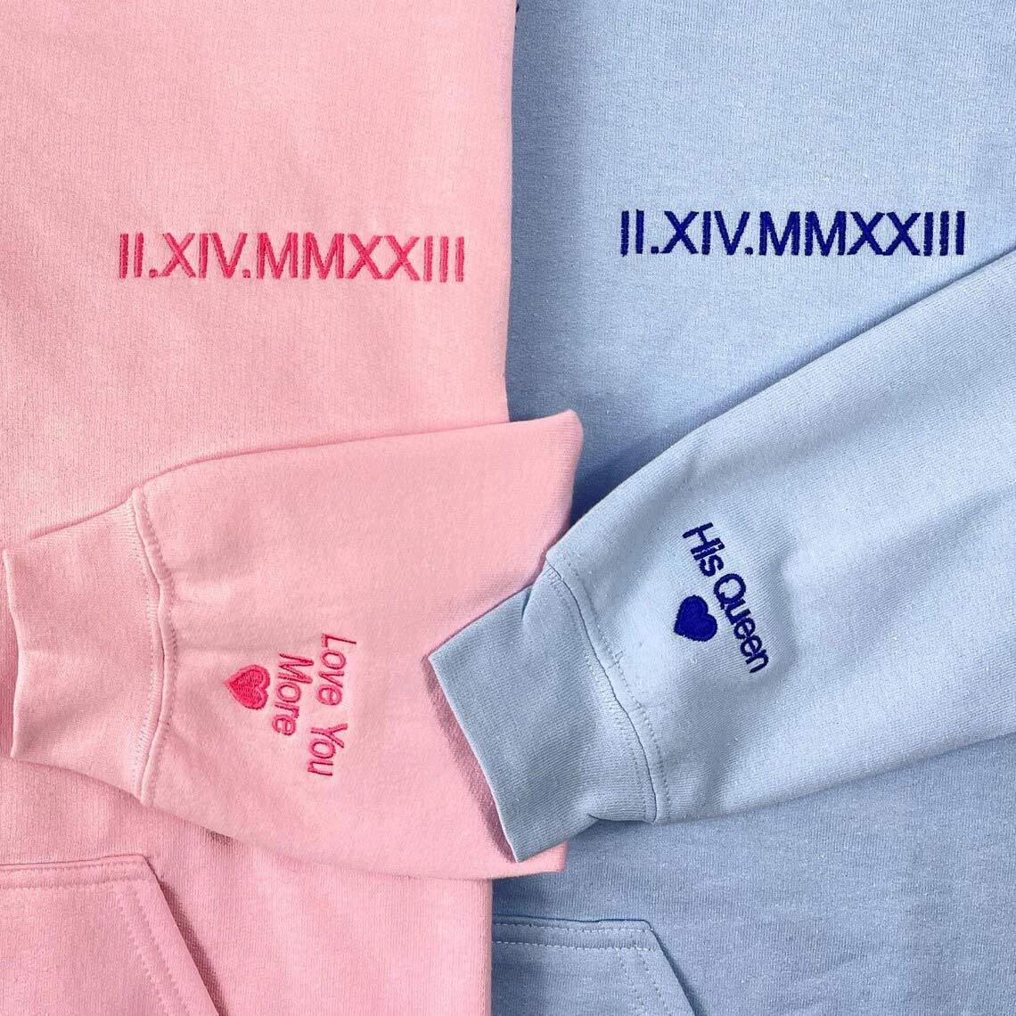 Personalized Embroidered Roman Numeral Matching Hoodie Sweatshirt Valentines Day Couple Gifts