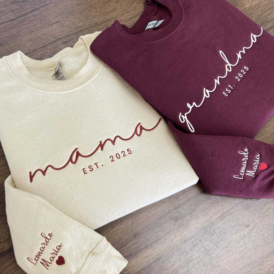 Custom Embroidered Mama EST Sweatshirt with Name on Sleeve-Gift For Mom & Grandma Mother's Day Gift