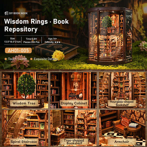 Wisdom Rings Library 3D Wooden Puzzle Gift For Diy Fans Book Reader Birthday Christmas Gift 