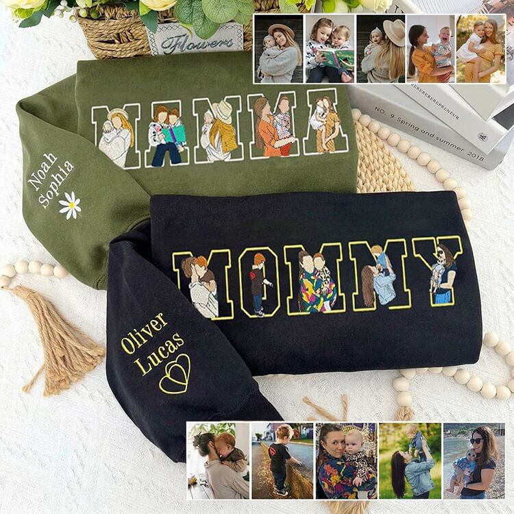 Custom Photo Portrait Embroidery Sweatshirt/Hoodie Gift For Mom/Mama/Family