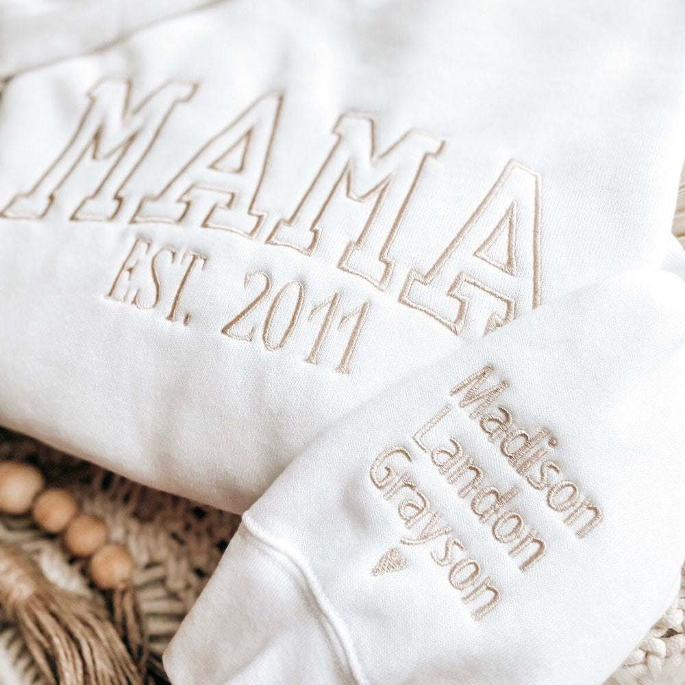 Custom Embroidered Mama EST Sweatshirt Hoodie with Kids Names on Sleeve Mother's Day Gift for Mom Grandma