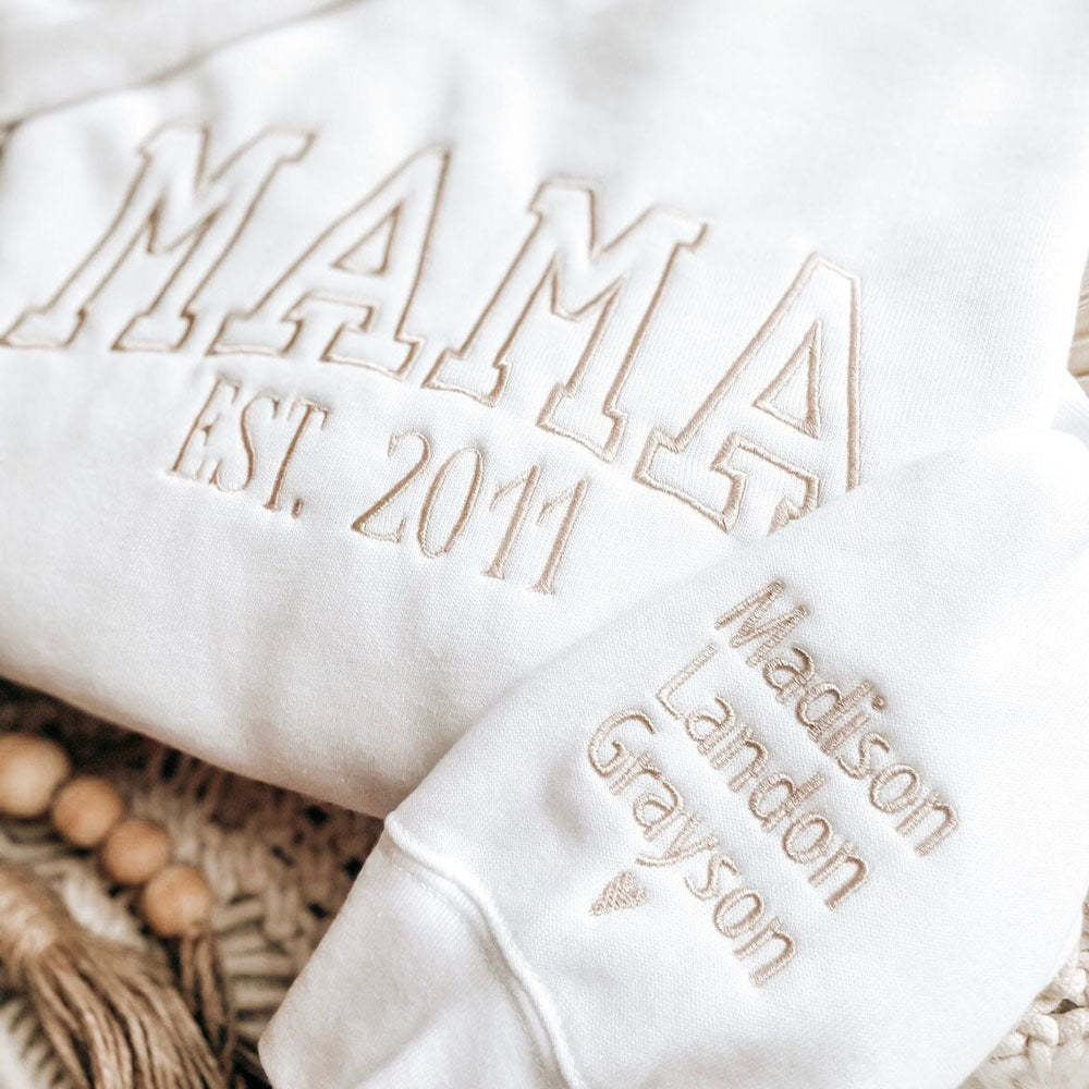 Custom Embroidered Mama EST Sweatshirt Hoodie with Kids Names on Sleeve Mother's Day Gift for Mom Grandma