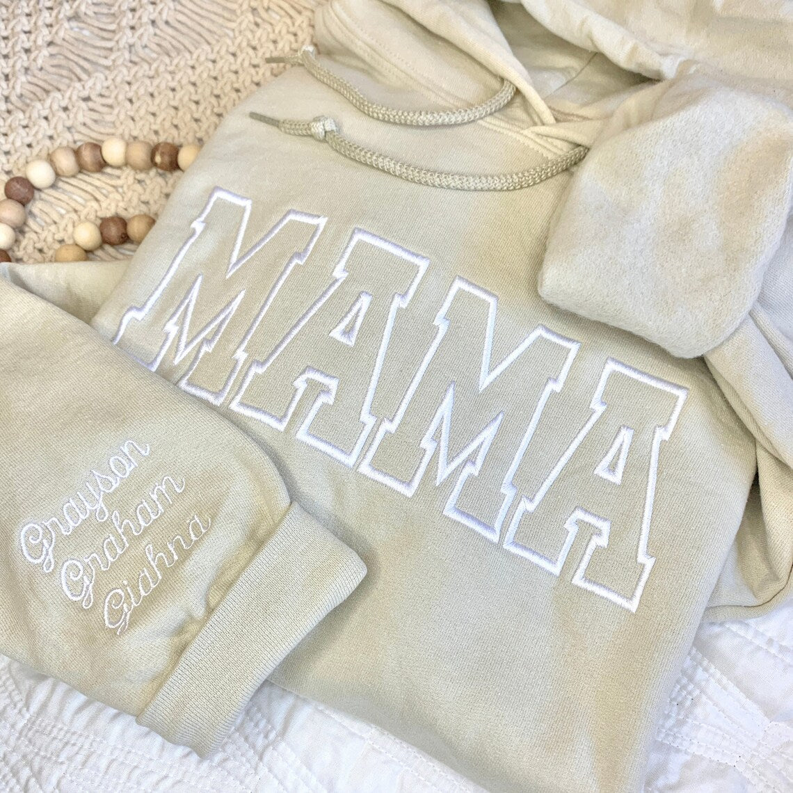 Custom Embroidered Mama EST Sweatshirt Hoodie with Kids Names on Sleeve Mother's Day Gift for Mom Grandma