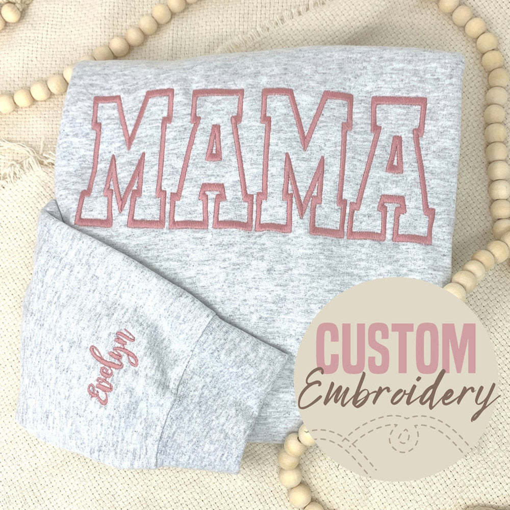 Custom Embroidered Mama EST Sweatshirt Hoodie with Kids Names on Sleeve Mother's Day Gift for Mom Grandma