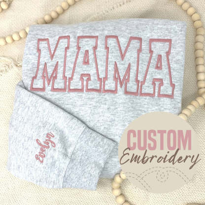 Custom Embroidered Mama EST Sweatshirt Hoodie with Kids Names on Sleeve Mother's Day Gift for Mom Grandma