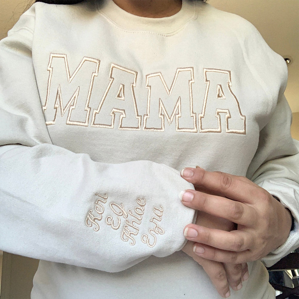 Custom Embroidered Mama EST Sweatshirt Hoodie with Kids Names on Sleeve Mother's Day Gift for Mom Grandma