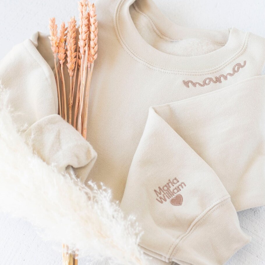 Custom Embroidered Mama Sweatshirt with Kids Names on Sleeve Mother's Day Gift