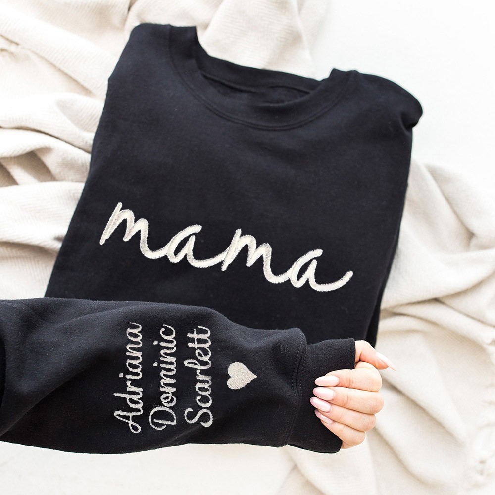 Custom Embroidered Mama Sweatshirt with Kids Names on Sleeve Mother's Day Gift for Mom Grandma