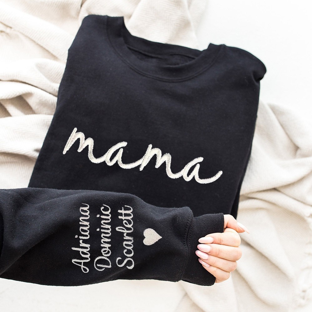 Custom Embroidered Mama Sweatshirt with Kids Names on Sleeve Mother's Day Gift for Mom Grandma